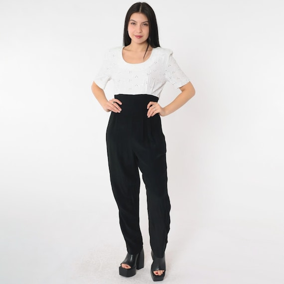 80s Black White Jumpsuit Eyelet Lace Party Jumpsuit Baggy Pleated Tapered Pants 1990s Vintage Plain Scoop Neck High Waist Small S