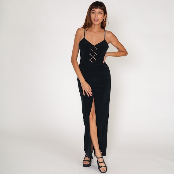 Black Party Dress 90s Formal Cocktail Dress Rhinestone Cutout High Slit Sleeveless Evening Gown Sexy Formal Vintage 1990s Extra Small xs