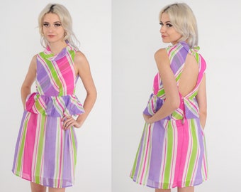 60s Mod Dress Keyhole Back Pink Purple Striped Mini 1960s Gogo Babydoll Vintage Sixties Empire Waist Sleeveless Checkered Extra Small xs