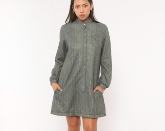 60s Pinstripe Shirt Dress Grey Button Front Mandarin Collar Long Sleeve Charcoal Stripe Academic Winter Fall Soft Goth Vintage Medium M