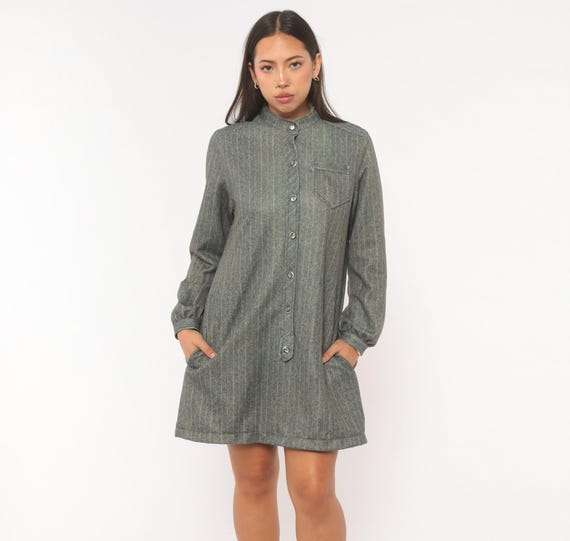 60s Pinstripe Shirt Dress Grey Button Front Mandarin Collar Long Sleeve Charcoal Stripe Academic Winter Fall Soft Goth Vintage Medium M