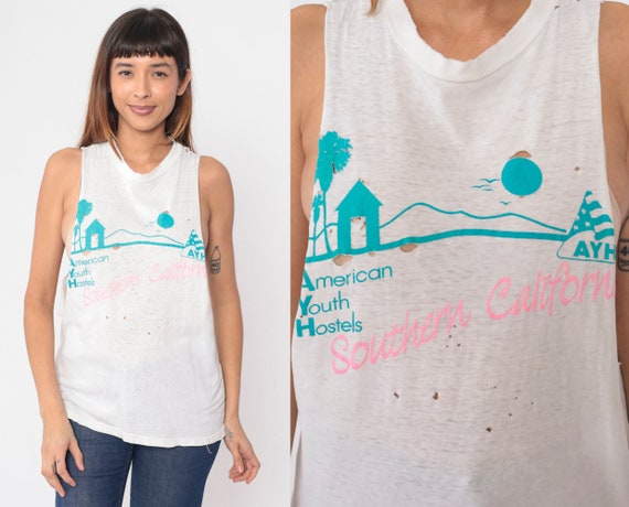 90s American Youth Hostels Shirt Hostelling International California Palm Tree Tank Top 1990s Vintage Tropical Graphic Retro Small Medium