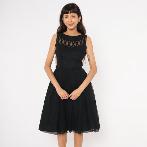 60s Cocktail Party Dress Lattice Cutout Black Chiffon Fit Flare Sleeveless Frock Pleated Full Skirt Boat Neckline Bodice Vintage Small S