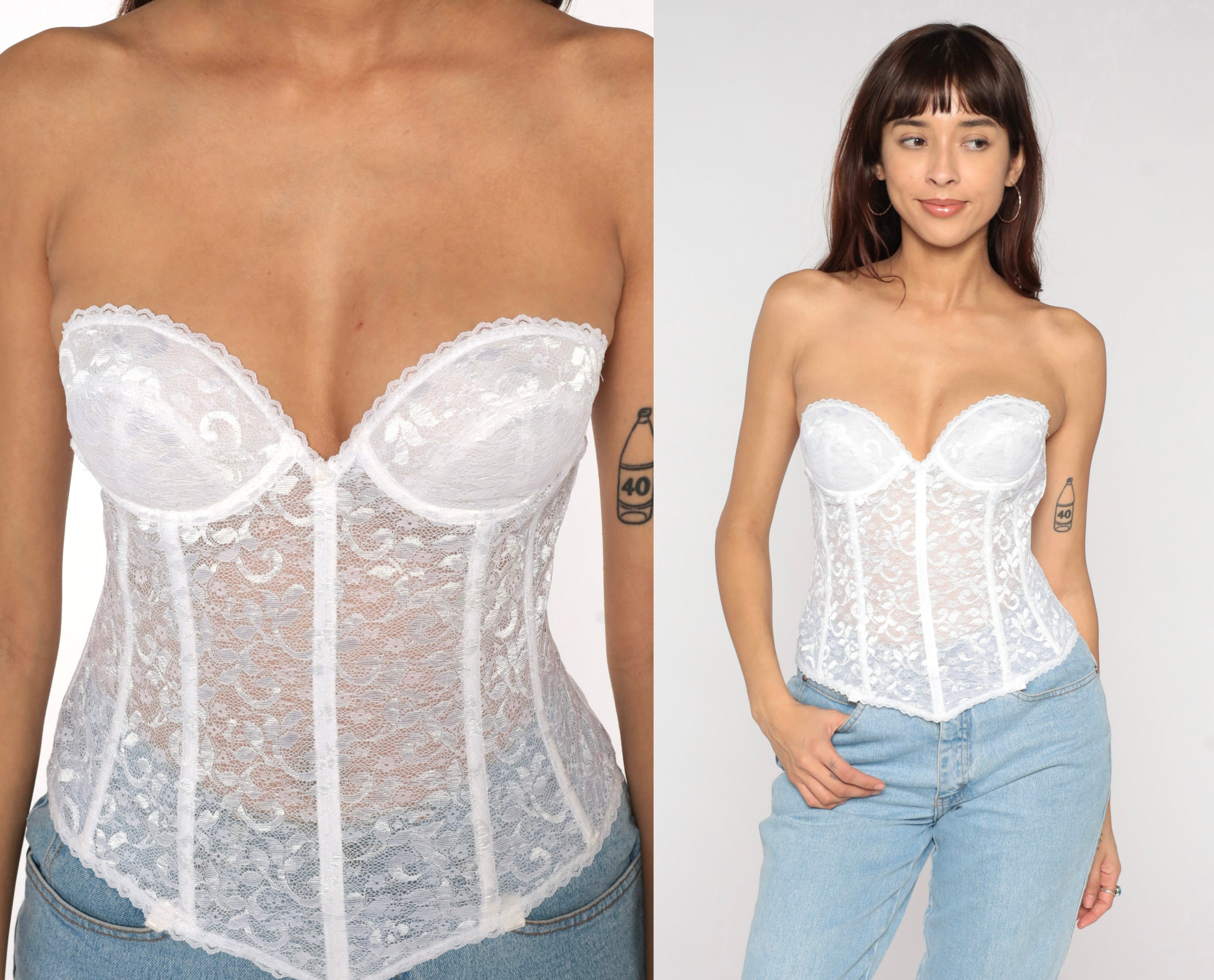 Buy White Lace Corset Top 36A 90s Floral Bustier Lingerie Bra