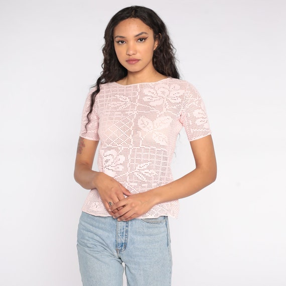 Sheer Crochet Top 90s Baby Pink Mesh Blouse Boho Hipp… Gem