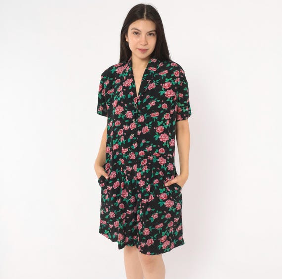 90s Rose Print Romper Black Pink Floral Button Front Shorts Playsuit V Neck All That Jazz Vintage Summer One Piece Jumpsuit Small S