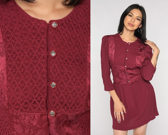 Burgundy Mini Dress 90s Brocade Floral Lace Mini … - image 1