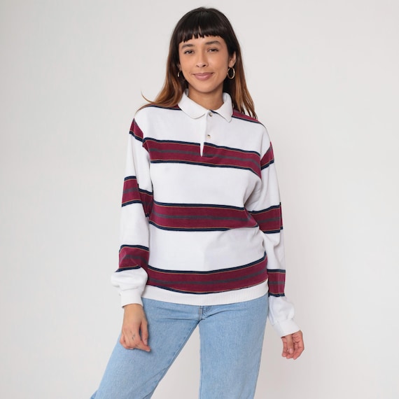 Striped Rugby Shirt 90s Burgundy Navy Polo Sweater White Long Sleeve Pullover Preppy Collegiate Soft Knit Vintage Menswear Fall Medium M