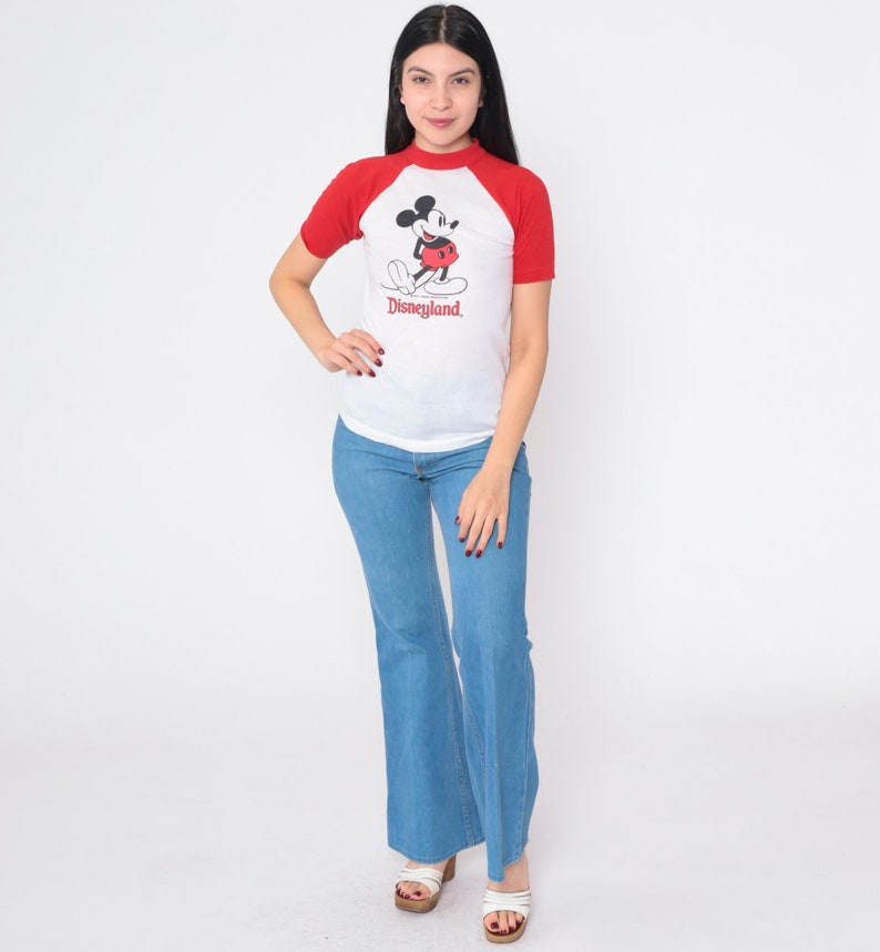 Vintage Disneyland Shirt 80s Mickey Mouse Raglan Tee Walt Disney Cartoon Graphic Baseball T-Shirt Nostalgia White Red Single Stitch 1980s XS image 4