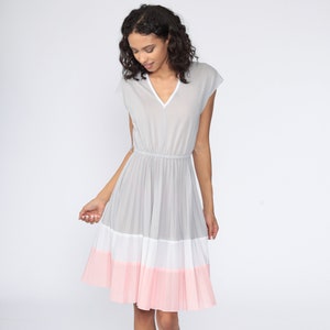 70s Midi Dress Grey Boho Pleated Striped Pink Party Grecian High Waisted 1970s V Neck Summer Bohemian Cap Sleeve Small Medium