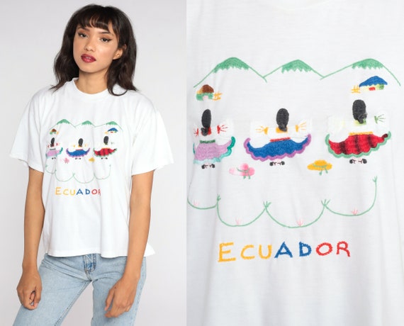 Ecuador Shirt Embroidered Shirt Retro TShirt Vintage Graphic Tshirt 90s Travel Shirt South American Shirt 1990s Large L