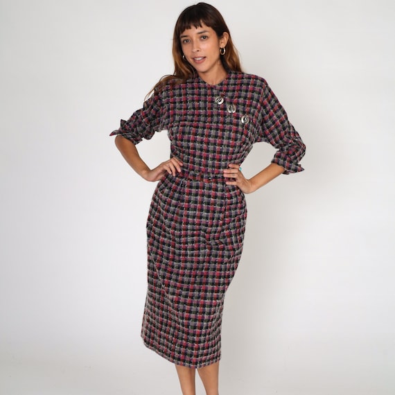 50s Wool Dress Checkered Dress 1950s Mad Men Dress 60s Vintage Plaid 3/4 Sleeve Sheath High Waist Purple Pink Hourglass Small s