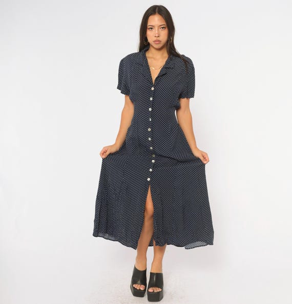 90s Polka Dot Dress Navy Blue White Button Front Ankle Length Short Sleeve Shirtdress Collared Fit Flare Prairie Cottagecore Extra Large XL