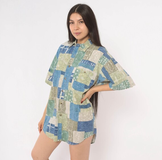 Patchwork Print Shirt 90s Cotton Button Front Blue Green Sage Teal Geometric Boxy Relaxed Fit Unisex Summer Camp Top Vintage Medium M