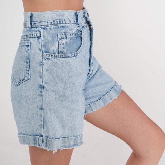 Stone Wash Denim Shorts 90s Cuffed Jean Shorts High Waisted Rise Mom Shorts Retro Light Wash Blue Distressed Basic Plain Vintage 1990s XS 25