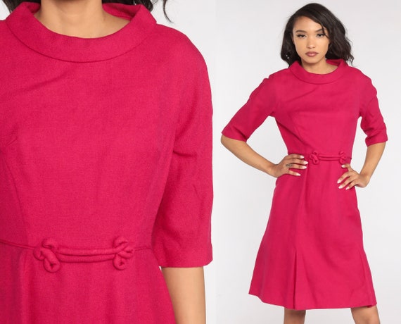 60s Wool Dress Deep Pink Hourglass Dress 1960s Mini Mad Men Vintage 50s Party Cocktail 3/4 Sleeve Frog Cocktail High Waisted Dress Small