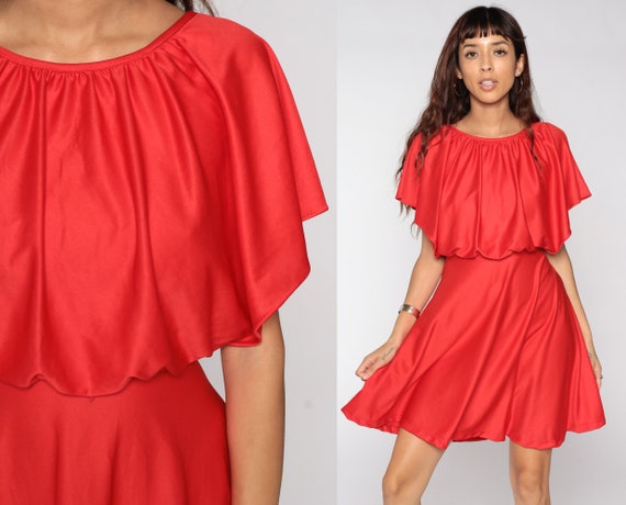 70s Party Dress 1970s Red Grecian Dress High Waist 70s Boho Mini CAPELET Drape Gown Cape Formal Bohemian Cocktail Small xs s