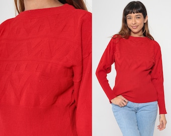 Pull texturé rouge des années 80, pull géométrique rayé en zigzag en tricot ample, pull côtelé des années 80, vintage uni Normcore rétro petit moyen