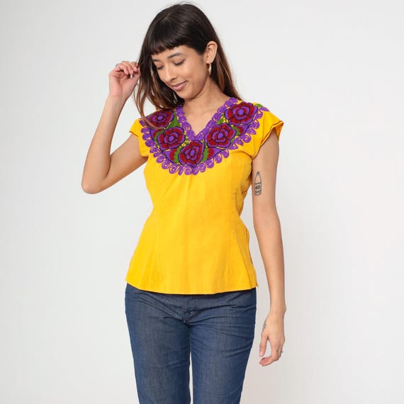 Mexican Embroidered Top 90s Yellow Floral Blouse Peasant Hippie Short Sleeve Shirt Summer Boho Festival V Neck Vintage 1990s Medium