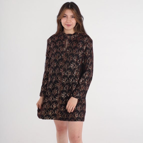 60s Party Dress Metallic Lace Mini Dress Black Gold Sparkly Floral Long Sleeve Evening Cocktail Formal Minidress Vintage 1960s Medium M