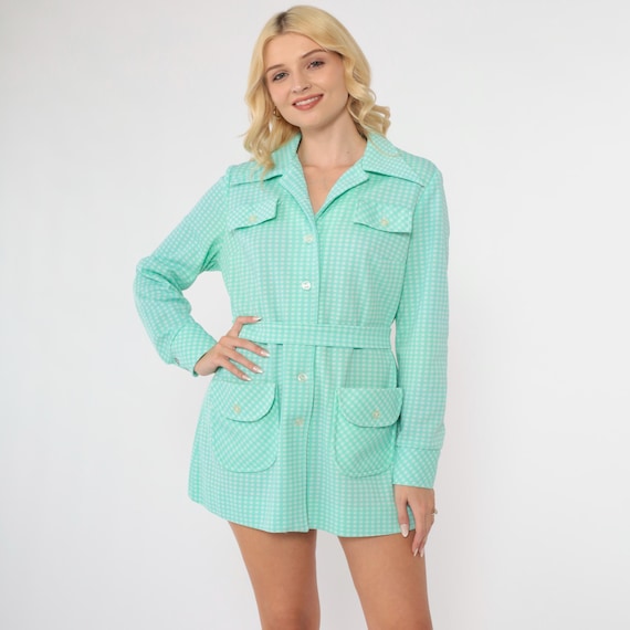 70s Mint Gingham Shirt Jacket Button up Blouse White Checkered Top Retro Dagger Collar Pocket Belted Long Sleeve Check Vintage 1970s Medium