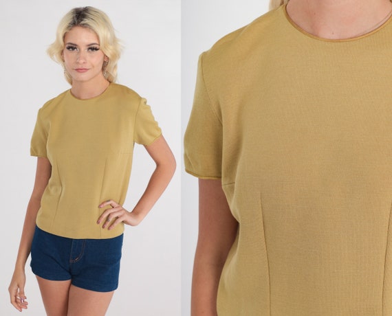 Mod Blouse 60s Knit Shirt Wool Blend Yellow Tan Short Sleeve Top Sixties Bohemian Chic Simple Basic Plain Minimalist Vintage 1960s Small S