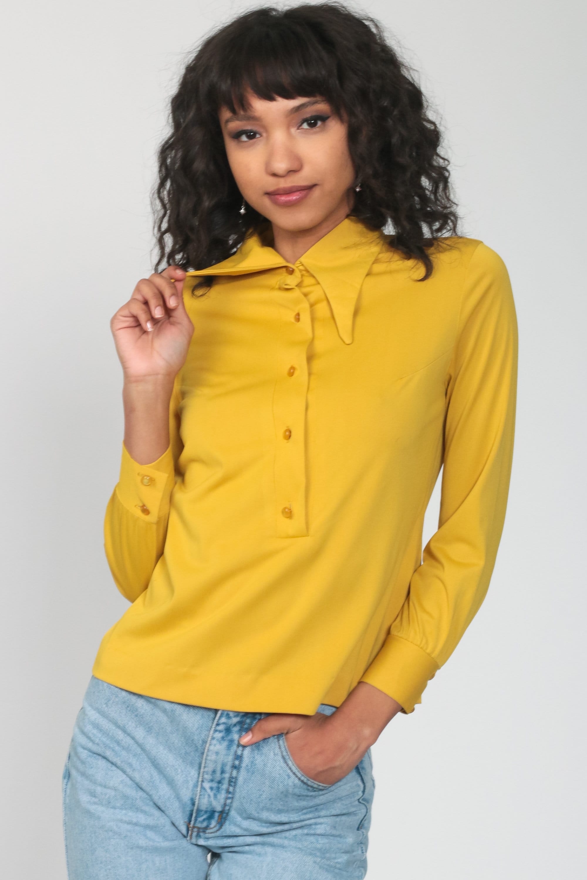 Yellow Long Sleeve Shirt 70s Shirt POLO Half Button Up 1970s Plain