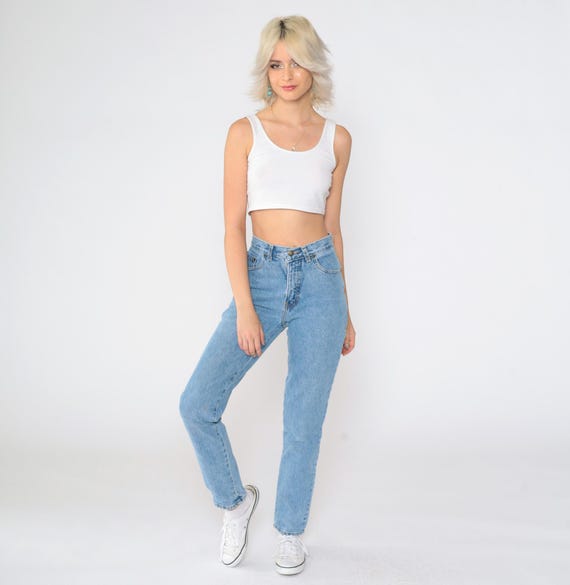 Vintage Express Jeans 90s Slim Straight Leg Jeans High Rise Waist Tapered Denim Mom Pants Blue Retro 1990s Small 3/4