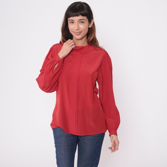 Red Pleated Blouse 80s Crossover Peter Pan Collar Shirt Long Puff Sleeve Button Up Top Retro Preppy Secretary Vintage 1980s Medium 8