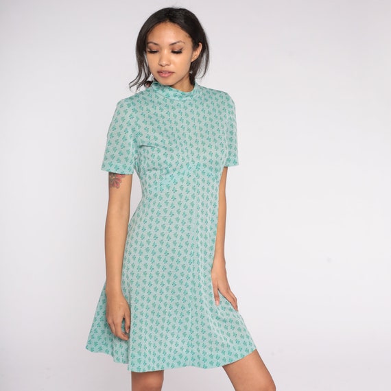Butterfly Babydoll Dress 70s Mod Mini Green Print Boho Empire Waist Twiggy Scooter 60s Vintage Bohemian Short Sleeve Minidress Medium