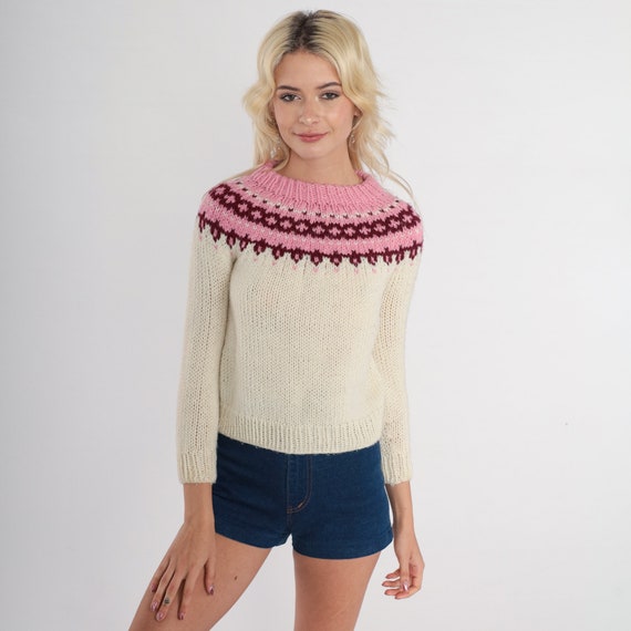Vintage Fair Isle Sweater 70s Pullover Knit Ski Sweater Cream Pink Nordic Print Crewneck Jumper Bohemian Retro Acrylic 1970s Extra Small xs