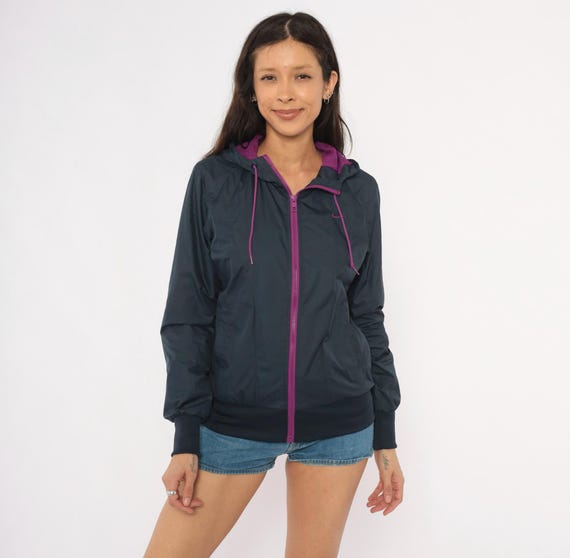 Nike Windbreaker Jacket 2000s Charcoal Grey Hooded Zip Front Purple Accent Athletic Dept Hood Drawstring Sporty Slate Violet Trim Medium M