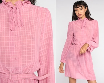 Sheer Pink Dress 80s Puff Sleeve Dress 80s Mini Dress Button Up High Waisted Checkered Secretary Ruffle Vintage 1980s Minidress Small Medium