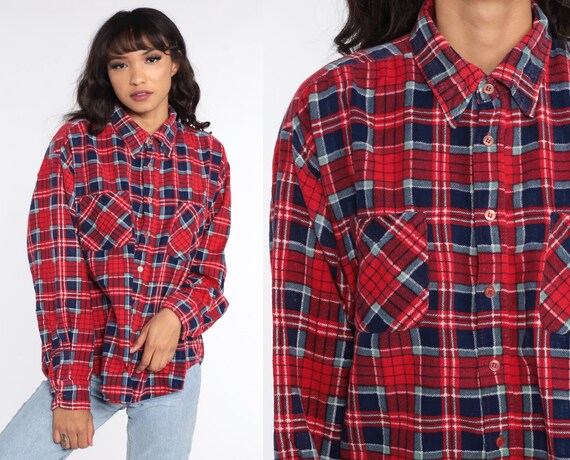 Camisa cuadros de los años 80 Camisa de franela roja Azul - Etsy España