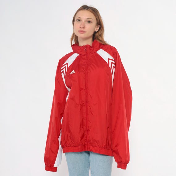 Red Adidas Windbreaker Y2K White Logo Track Jacket Chevron Arrow Sporty Athletic Streetwear Vintage Gorpcore Collared Elastic Extra Large XL