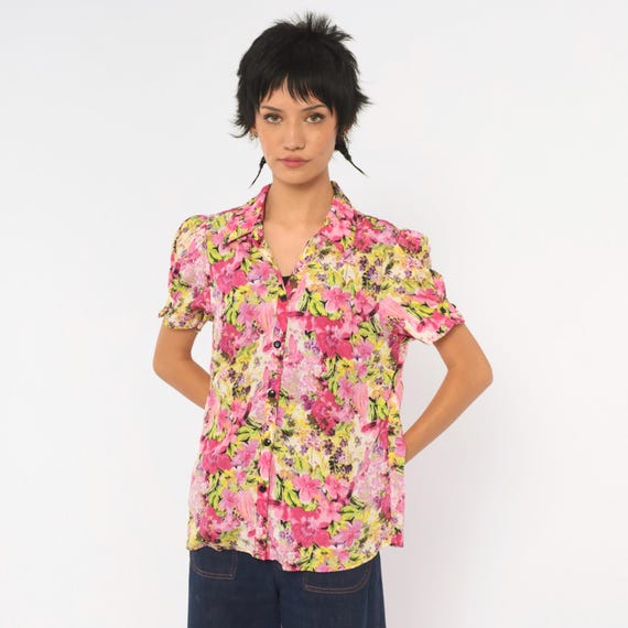 Y2K Pink Floral Blouse Fuchsia Button Front Puff Sleeve Yellow Green Garden Print Cottagecore Coquette Top Womens Shirt Gloria Lance Large L