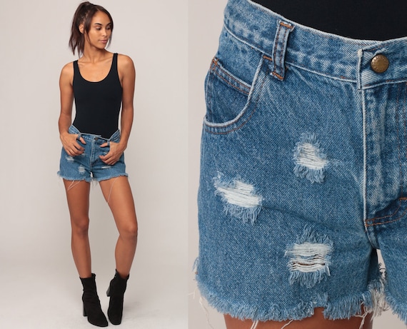 Ripped Denim Shorts High Waisted Cutoffs Jean Cut Offs High Waist 90s Blue Frayed Jean Vintage Hippie High Rise medium 10