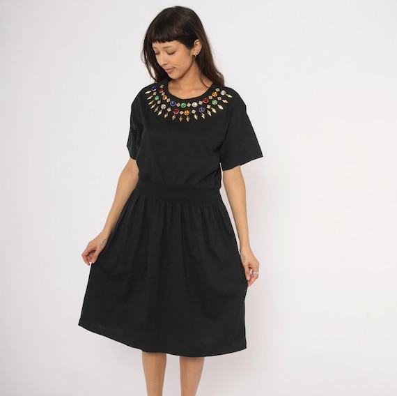 Jeweled Neckline Dress 90s Black Cotton Gold Studded Rhinestone Embellished Short Sleeve Colorful Gem Party Cocktail Vintage Large L