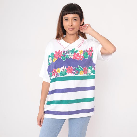 80s Floral Polo Shirt White Striped Purple Pink Cotton Short Sleeve Collar Button Front Vintage Tennis Preppy Summer Golf Top Extra Large XL