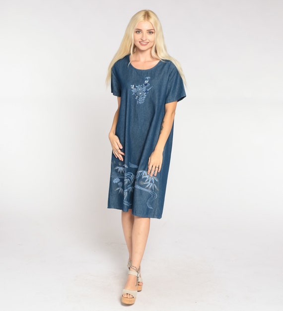 Floral Denim Dress 90s Mini Shift Dress Retro Blue Sequin Beaded Flower Print Summer Casual Minidress Short Sleeve Vintage 1990s Medium M
