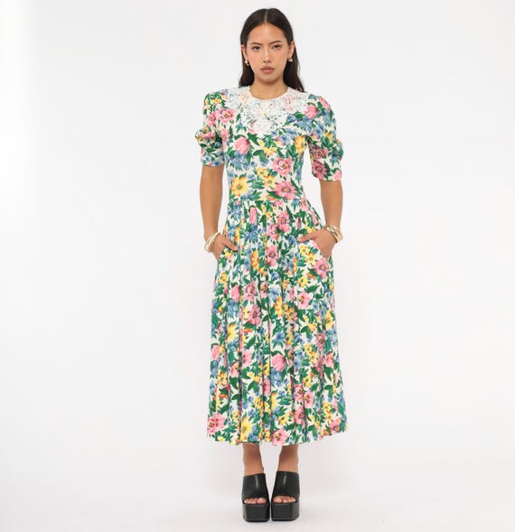 Lace Collar Floral Dress 90s Puff Sleeve Cotton Prairie Pink Blue Yellow Green Cream Cottagecore Garden Party Pleated Skirt Vintage Small S