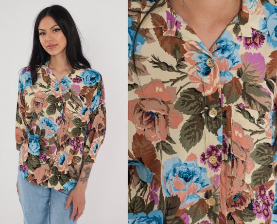 90s Floral Blouse Button up Shirt Rose Flower Pri… - image 1