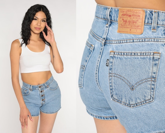 Levis Jean Shorts 90s Denim Shorts Blue Mid Rise Button Fly Shorts USA Made Retro Levi Strauss Bottoms Plain Vintage 1990s Small 3