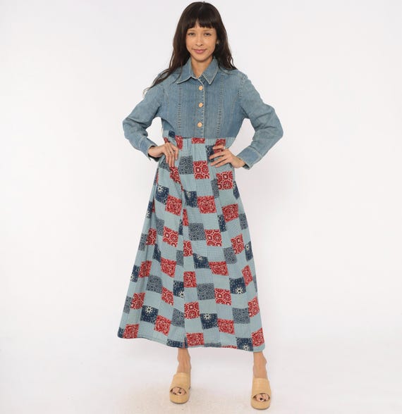 Patchwork Bandana Denim Dress 2000s Button Front Long Sleeve Collared Cotton Prairie Americana Quilt Red Navy Gingham Festival Medium M