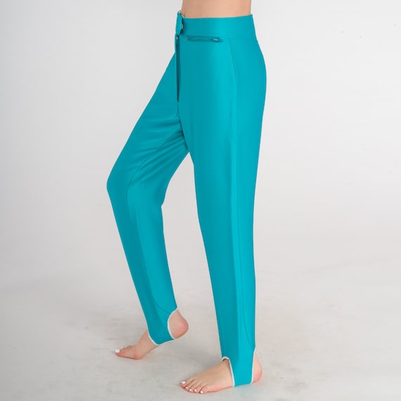 Bright Blue Ski Pants 80s Stirrup Tapered Trousers High Waisted Slim Skinny Leg Turquoise Nylon Spandex Blend Vintage 1980s Skiwear Small 28