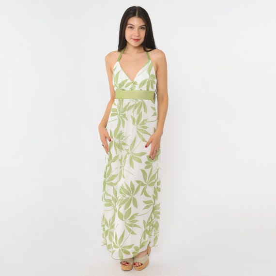 Y2K Floral Halter Neck Dress White Chiffon Sundress Vintage 90s Maxi Summer Green Tropical Boho 00s Hippie Backless Empire Waist Medium