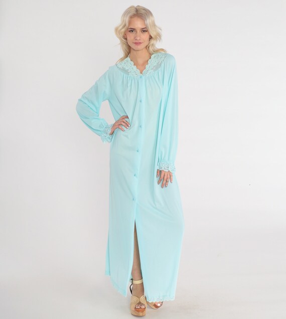 Blue Pajama Robe 70s Lingerie Bed Jacket Lace Trim Long Sleeve Maxi Nightgown Button up Nightie Pinup Boudoir Lounge Vintage 1970s Medium M