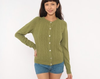 Olive Cable Knit Cardigan 80s Button Front Crew Neck Sweater Moss Green Sage Vintage Preppy Academic Raglan Sleeve Top Extra Small XS