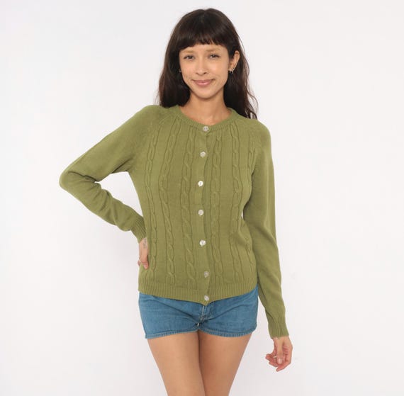 Olive Cable Knit Cardigan 80s Button Front Crew Neck Sweater Moss Green Sage Vintage Preppy Academic Raglan Sleeve Top Extra Small XS