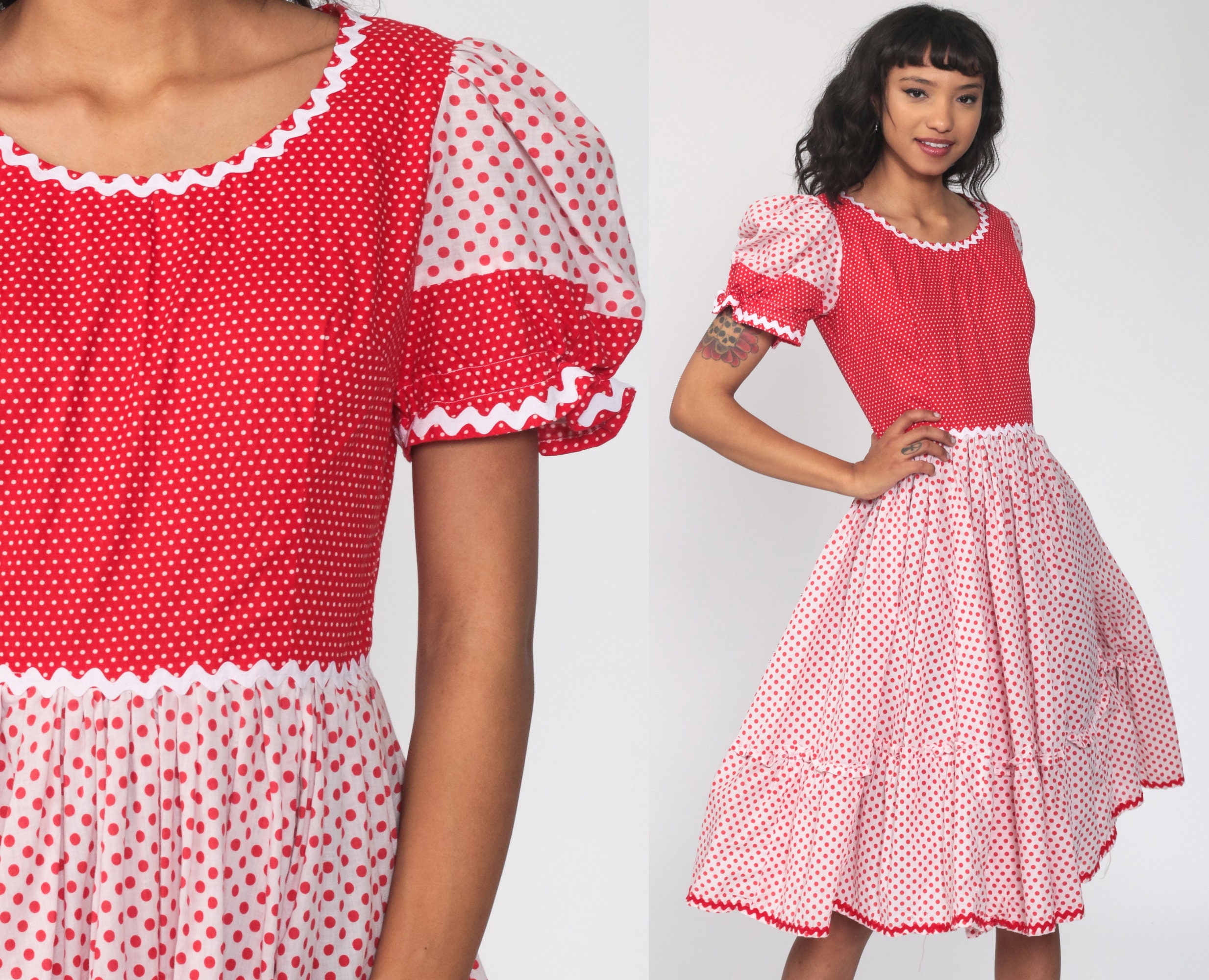 Red Peasant Dress Polka Dot Dress Cottagecore Country Dance Dress 70s Puff Sleeve Dress Midi 